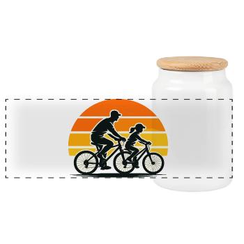 Family bike tour in retro sunset style - Panoramic Cookie Jar with Wooden Lid - white - Front