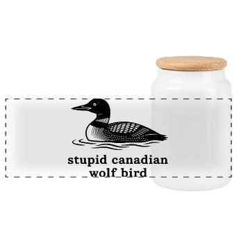 Stupid Canadian Wolf Bird - Panoramic Cookie Jar with Wooden Lid - white - Front