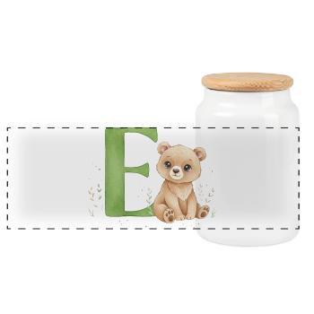 E with Teddy: Playful Letter E - Panoramic Cookie Jar with Wooden Lid - white - Front