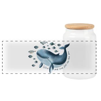 Freedom for Hope - Blue Whale with School of Fish - Panoramic Cookie Jar with Wooden Lid - white - Front
