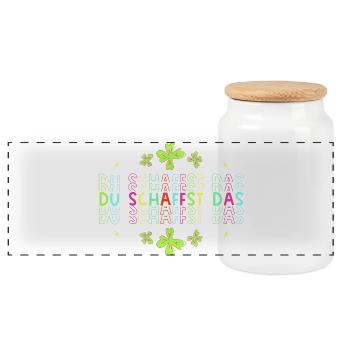 Du schaffst das! Glücksbringer Glücksklee neon - Panorama Keksdose mit Holzdeckel - Weiß - Vorne