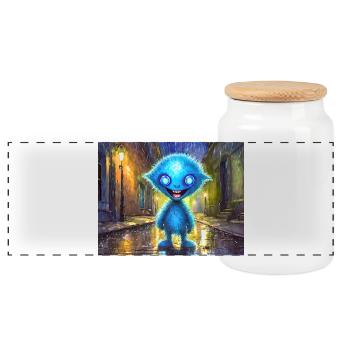 Blue funny and laughing monster - Panoramic Cookie Jar with Wooden Lid - white - Front