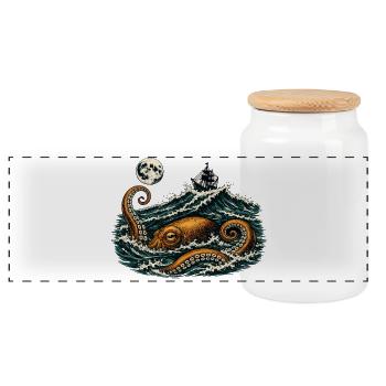 Kraken Sea Monster Vintage Sailing Ship Octopus - Panoramic Cookie Jar with Wooden Lid - white - Front