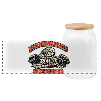 Everything Hurts Skeleton Lift - Panoramic Cookie Jar with Wooden Lid - white - Front