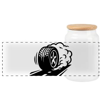 Car Tire Drifting Icon - Panoramic Cookie Jar with Wooden Lid - white - Front