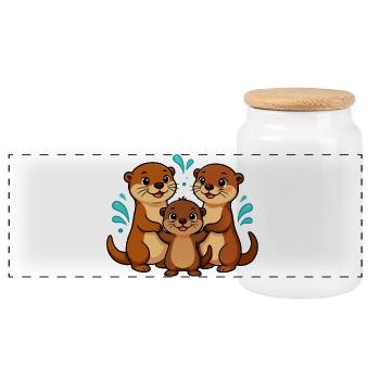 Funny otter family - Panoramic Cookie Jar with Wooden Lid - white - Front