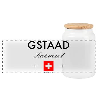 Gstaad, Switzerland, coordinates, travel, souvenir - Panoramic Cookie Jar with Wooden Lid - white - Front