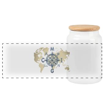 World Map Compass Camping - Panoramic Cookie Jar with Wooden Lid - white - Front
