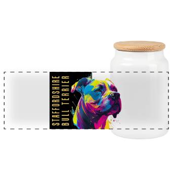 Staffie Head Popart - 050 - Panorama Keksdose mit Holzdeckel - Weiß - Vorne