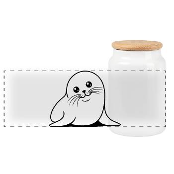 Seal One Line Cute Sea Motif - Panoramic Cookie Jar with Wooden Lid - white - Front