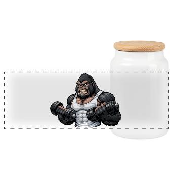 Muskulöser Gorilla beim Bodybuilding - Panorama Keksdose mit Holzdeckel - Weiß - Vorne