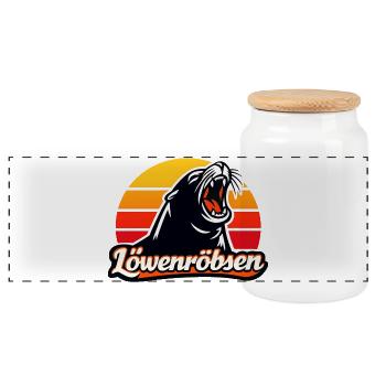 Löwenroarer Sonnenuntergang Logo - Panorama Keksdose mit Holzdeckel - Weiß - Vorne
