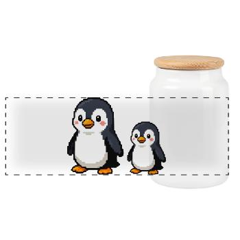 Pixel Penguin Duo - Panoramic Cookie Jar with Wooden Lid - white - Front