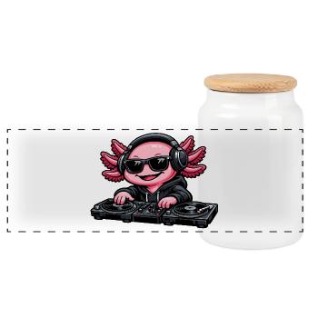 Axolotl Beats – Cute Axolotl as a DJ - Panoramic Cookie Jar with Wooden Lid - white - Front