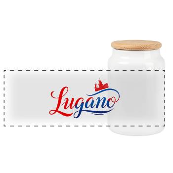 Lugano lettering - Panoramic Cookie Jar with Wooden Lid - white - Front