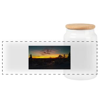 Sunset in a snowy landscape - Panoramic Cookie Jar with Wooden Lid - white - Front