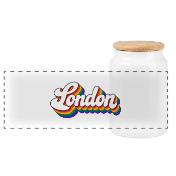 London - Regenbogen Schrift - GB - Great Britain - Panorama Keksdose mit Holzdeckel - Weiß - Vorne