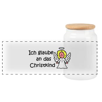 Ich glaube an das Christkind - Panorama Keksdose mit Holzdeckel - Weiß - Vorne