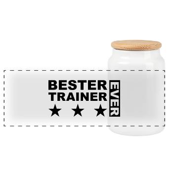 Bester Trainer - Panorama Keksdose mit Holzdeckel - Weiß - Vorne