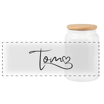 Tom Last Name First Name Heart Decor - Panoramic Cookie Jar with Wooden Lid - white - Front