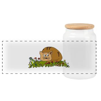 Cat - Panoramic Cookie Jar with Wooden Lid - white - Front