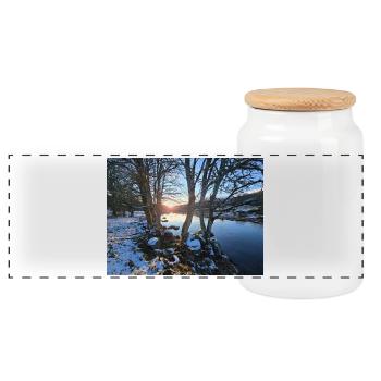 Winter River at Sunset - Panoramic Cookie Jar with Wooden Lid - white - Front