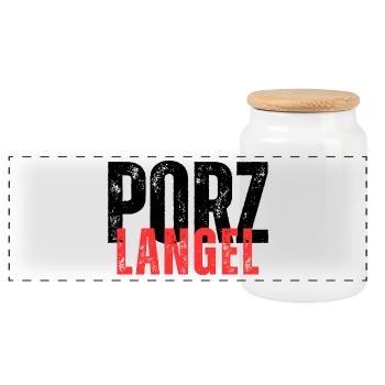 Porz Langel black red lettering - Panoramic Cookie Jar with Wooden Lid - white - Front