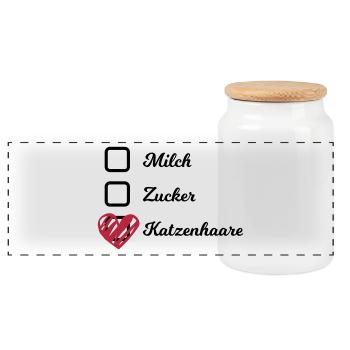 Mlich Zucker Katzenhaare Kaffee Becher Kater - Panorama Keksdose mit Holzdeckel - Weiß - Vorne