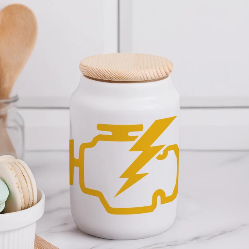 check engine light sign gift idea Panoramic Cookie Jar with Wooden Lid