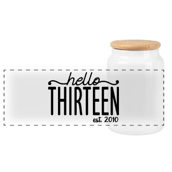 Hello Thirteen Est. 2010 Cute 13th Birthday Gift - Panoramic Cookie Jar with Wooden Lid - white - Front