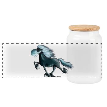 "Power Tölter" - Iceland - Isi - Iceland Horse - Panoramic Cookie Jar with Wooden Lid - white - Front