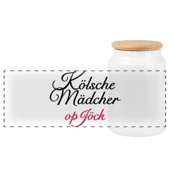 Kölsche Mädcher op Jöck Mädchen aus Köln unterwegs - Panorama Keksdose mit Holzdeckel - Weiß - Vorne