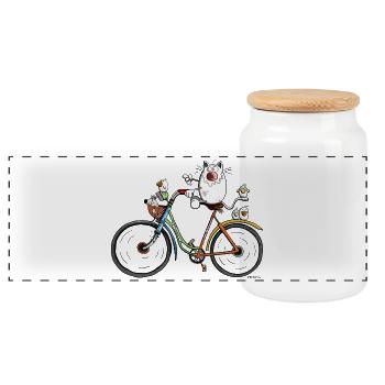 Katze auf Fahrrad - Panorama Keksdose mit Holzdeckel - Weiß - Vorne