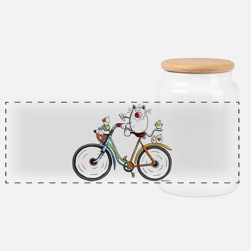 Katze auf Fahrrad - Panorama Keksdose mit Holzdeckel - Weiß