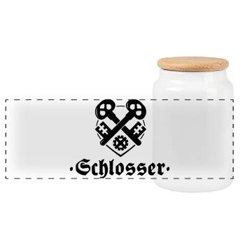 Schlosser, Zunftzeichen mit alter Schrift - Panorama Keksdose mit Holzdeckel - Weiß - Vorne