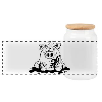 Pig in the mud - Pigs - Cartoon - Gift - Panoramic Cookie Jar with Wooden Lid - white - Front