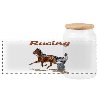 Cheval de course avec jockey et trotteur - Boîte à biscuits avec couvercle en bois - blanc - Devant