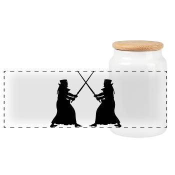Kendo two Kendoka in fighting mode shadow figures - Panoramic Cookie Jar with Wooden Lid - white - Front