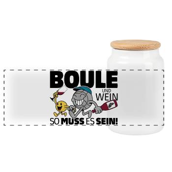 Boule und Wein so muss es sein! Petanque Bouler - Panorama Keksdose mit Holzdeckel - Weiß - Vorne