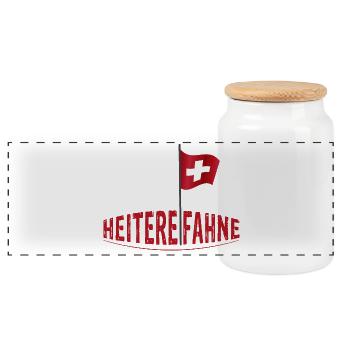 Heiterefahne mit Schweizerfahne, Berndeutsch - Panorama Keksdose mit Holzdeckel - Weiß - Vorne
