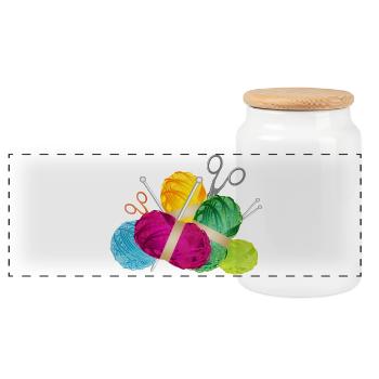 bunte Wollknäuel & Stricknadeln mit Schere - Panorama Keksdose mit Holzdeckel - Weiß - Vorne