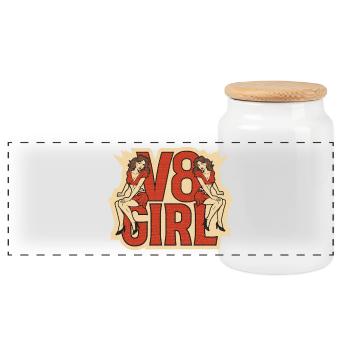 V8 Girl Retro Pinup - Panorama Keksdose mit Holzdeckel - Weiß - Vorne
