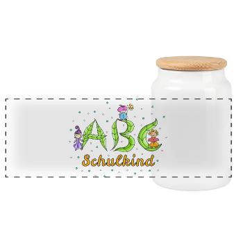 ABC Buchstaben Schulkind - Panorama Keksdose mit Holzdeckel - Weiß - Vorne