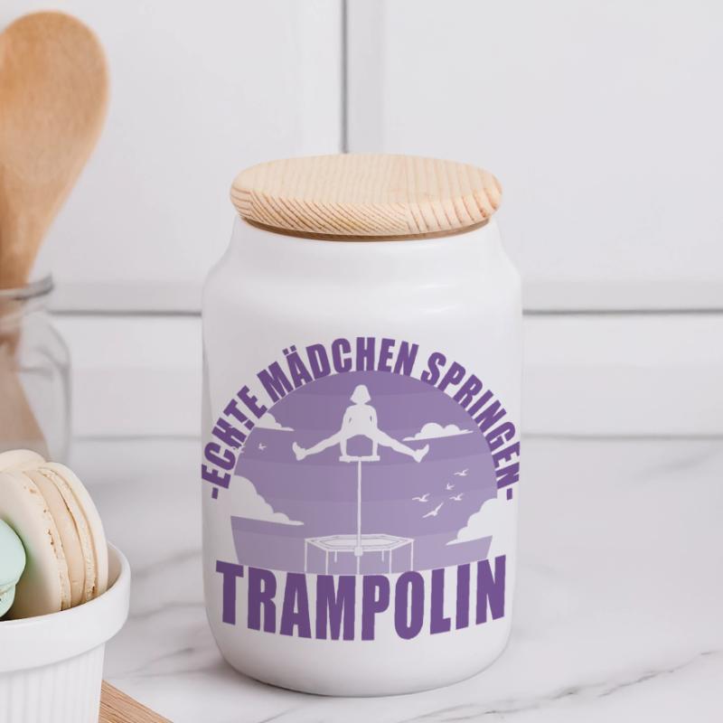 Echte Mädchen springen Trampolin Geschenk Panorama Keksdose mit Holzdeckel