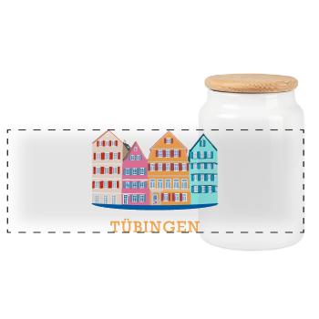 Tübingen, Neckar view, drawing, Germany - Panoramic Cookie Jar with Wooden Lid - white - Front