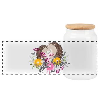 Zwei kleine Igel sitzen gemeinsam im Blumenbeet - Panorama Keksdose mit Holzdeckel - Weiß - Vorne