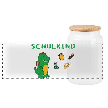 Schulkind 2024 Dino 2024 mit Ausrüstung Schulstart - Panorama Keksdose mit Holzdeckel - Weiß - Vorne