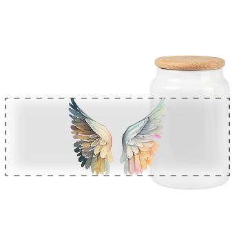 Kunstvolle pastellfarbene Engelsflügel - Panorama Keksdose mit Holzdeckel - Weiß - Vorne