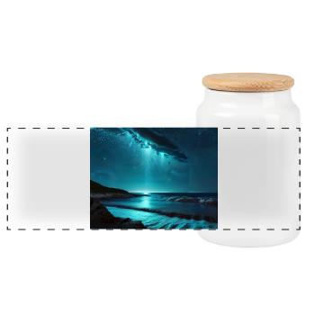 Water Night Blue Light Play Sea - Panoramic Cookie Jar with Wooden Lid - white - Front