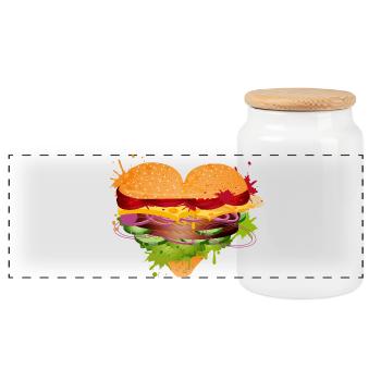 gefülltes Burger Brötchen in Herz Form Graffiti - Panorama Keksdose mit Holzdeckel - Weiß - Vorne